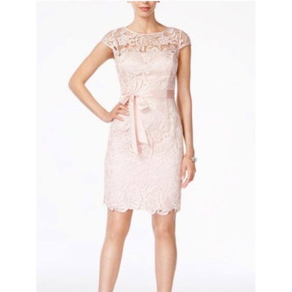 Adrianna Papell Blush Pink Floral Lace Sheath Dress Cap Sleeve Satin Ribbon Belt